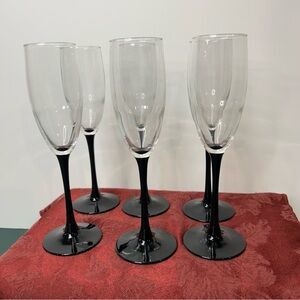 Vintage Set Of 6 Luminarc Black Stem Crystal Champagne Flutes From France